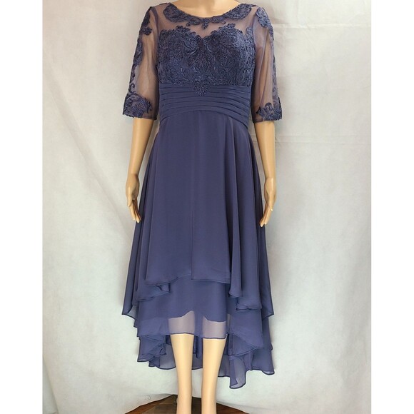 New Mother of the Bride (8) Stormy Blue Chiffon Half Sleeve Hi Lo  Maxi Dress - Picture 2 of 13